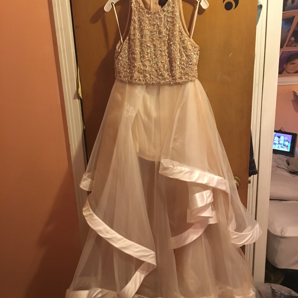 champagne beaded two piece prom dress!